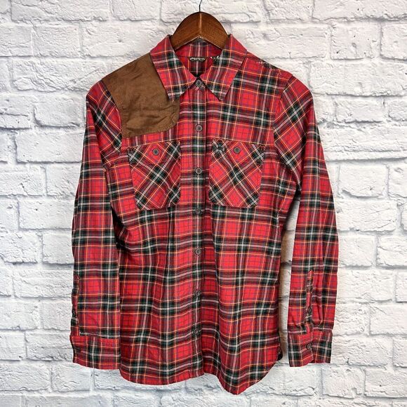 Eddie Bauer Button Up Shirt Red Plaid Flannel Faux Leather Shoulder Patch Medium - Picture 2 of 10